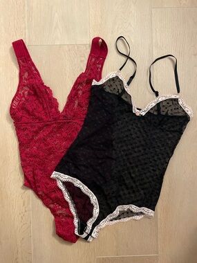 VICTORIA SECRET Red Lace Bodysuit & Forever 21 Black Heart Pink Trim Bodysuit